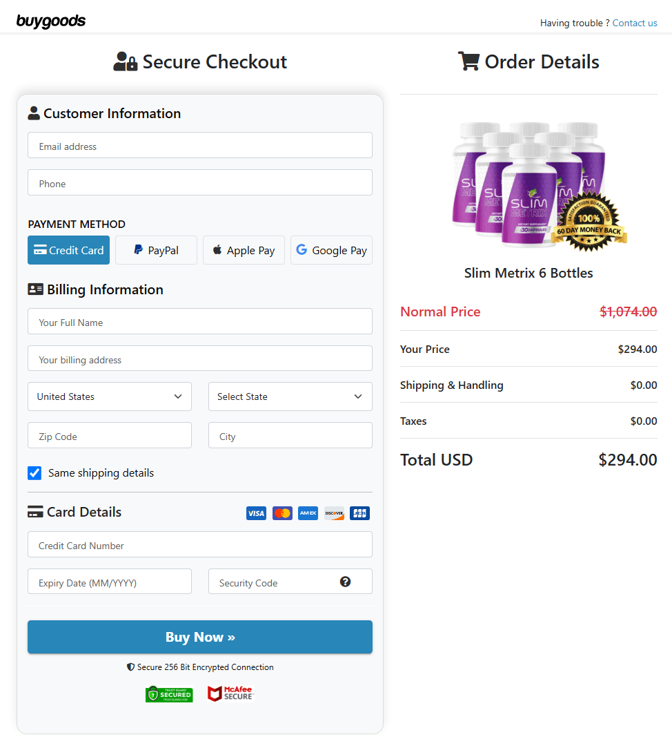 Slim Metrix order page